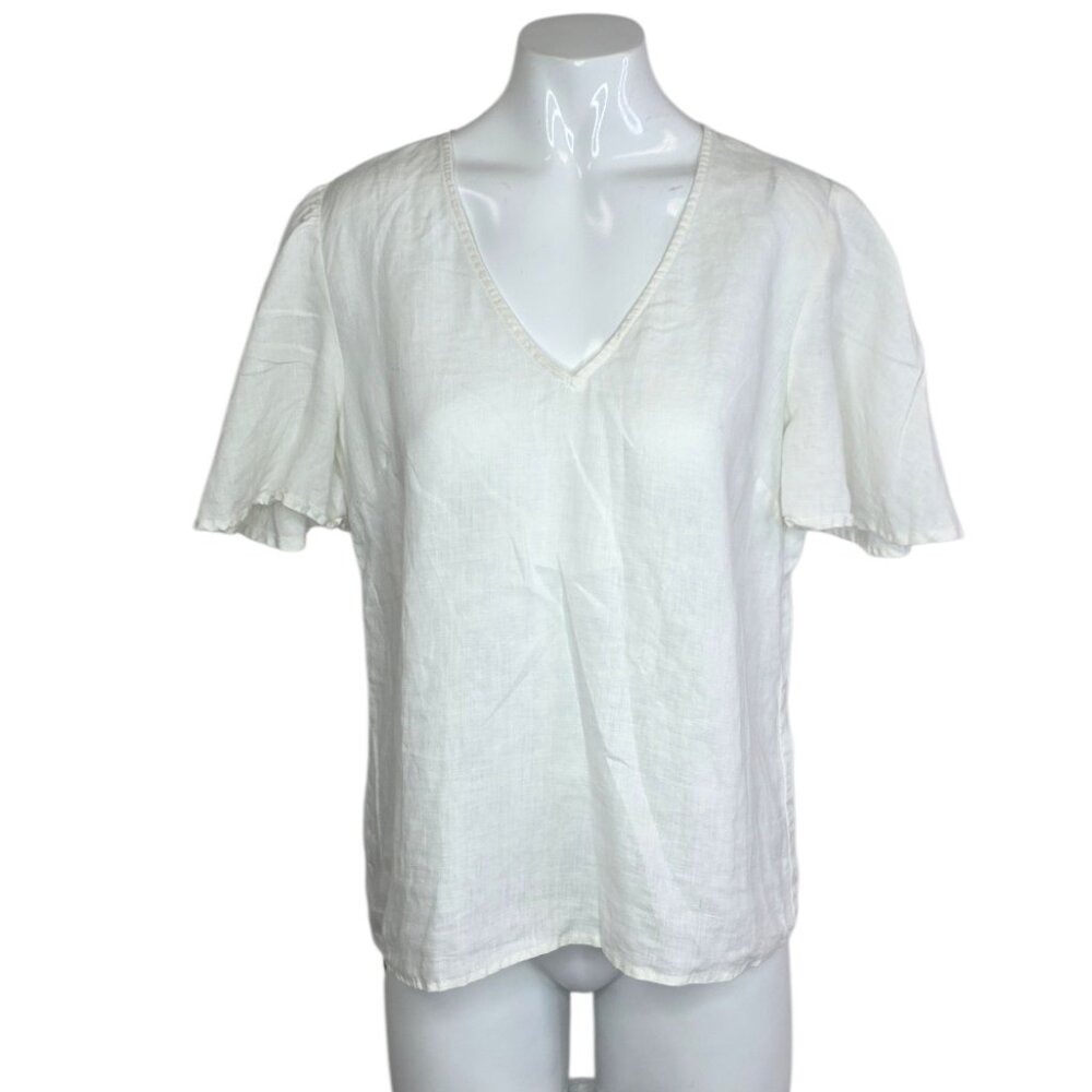 Seed Heritage Australia 100% Linen Flutter Sleeve V-Neck Blouse, White, Size 6